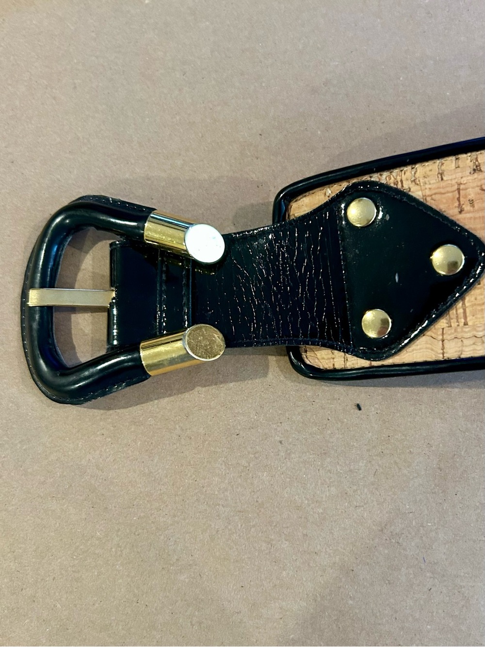Carlisle Wide Black Patent Leather Cork Inset Belt with Gold Hardware Sz L. EUC - Picture 3 of 7